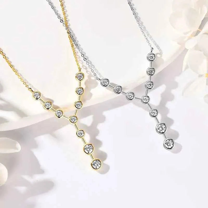 Bezel Y-Shaped Moissanite Necklace, 7-Stone Pendant Design, 18K Gold Plated Real 925 Sterling Silver Adjustable Chain – Melisande