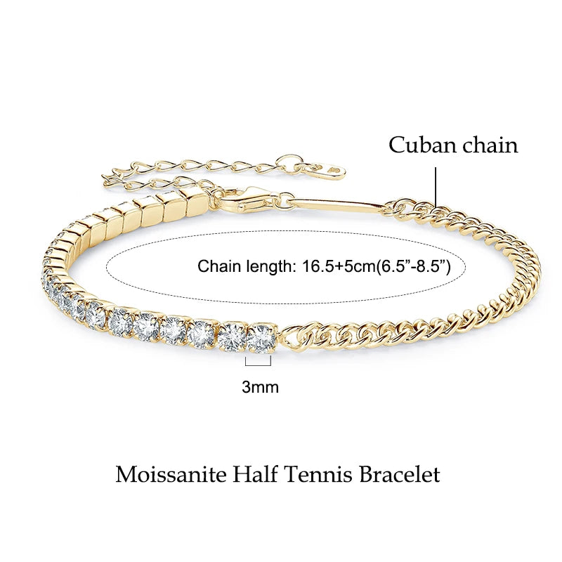 Moissanite Tennis Bracelet, 925 Sterling Silver, 14K Gold Plated, 3mm & 5mm D VVS1 Round Stones – Women’s Fine Jewelry – Melisande