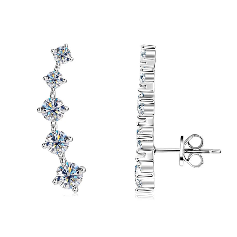 4.5mm / 4mm / 3mm All Moissanite Climber Earrings, 925 Sterling Silver Stud Design – Unisex Fine Jewelry for Women & Men – Melisande