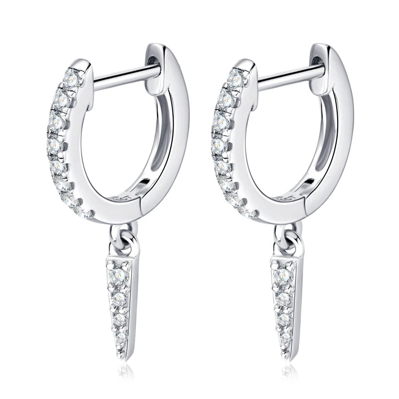 925 Sterling Silver Hoop Huggie Earrings – Triangular Moissanite Drop Design | Melisande