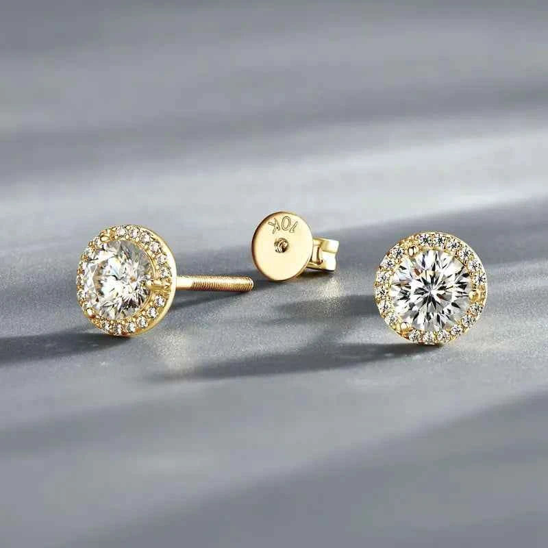 5mm 0.5ct Moissanite Halo Stud Earrings, Real 10K Solid Gold Screw Back Piercing Design – Melisande