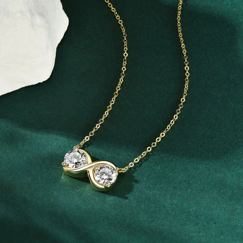 Infinity Pendant Moissanite Necklace, 6.5mm 2.0cttw (1ct Each) D Color Stones, 925 Sterling Silver Adjustable Chain – Women’s Fine Jewelry – Melisande