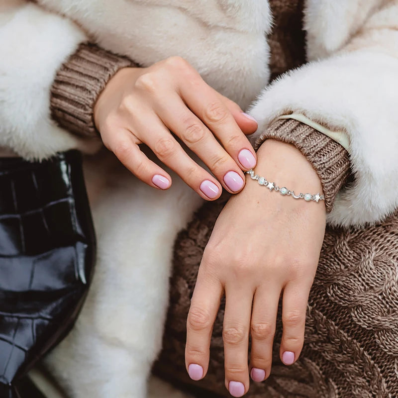 Opal Moon & Star Bracelet, S925 Sterling Silver Chain, Celestial Design Women’s Fine Jewelry – Melisande