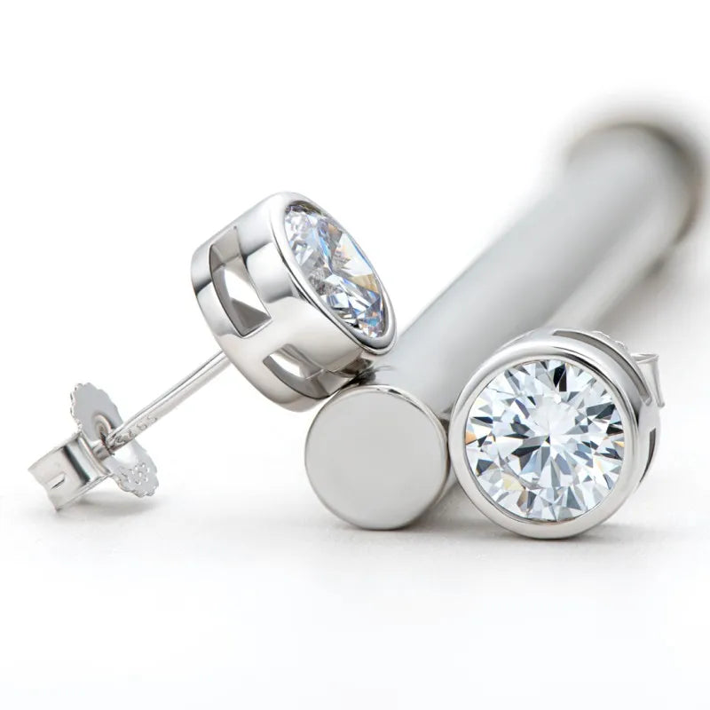 Moissanite Bezel Stud Earrings – 925 Sterling Silver 5mm & 6.5mm Round Solitaire Unisex Jewelry | Melisande