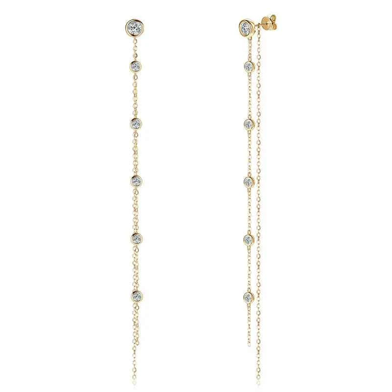 925 Sterling Silver Long Tassel Moissanite Drop Earrings, 5mm & 3mm Stones, Double Chain 10–11.5cm Design – Melisande