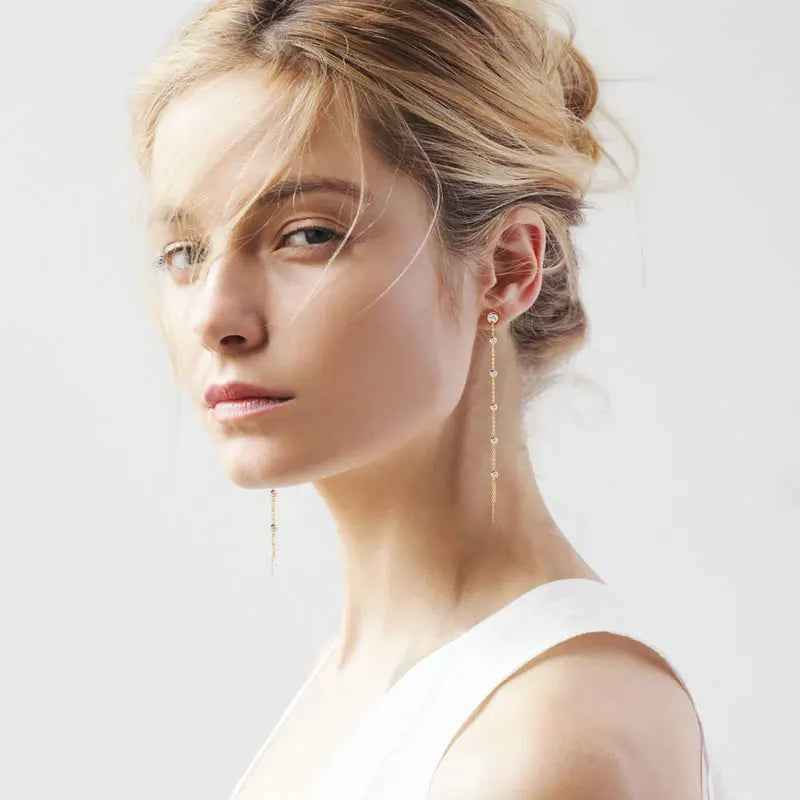 925 Sterling Silver Long Tassel Moissanite Drop Earrings, 5mm & 3mm Stones, Double Chain 10–11.5cm Design – Melisande