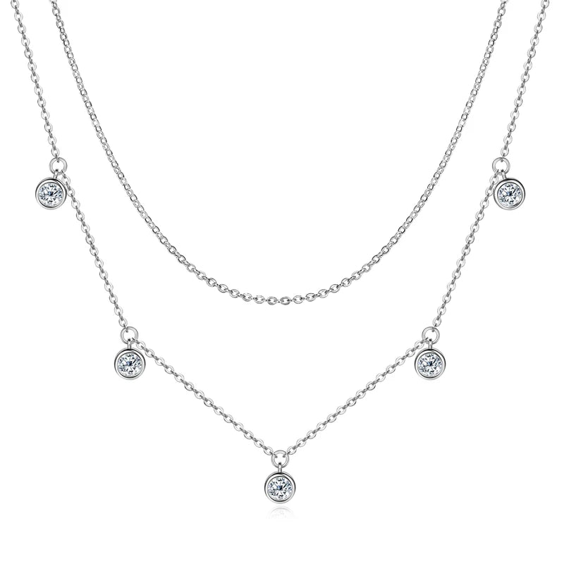 Elegant Double-Layer Pendant Necklace – 925 Sterling Silver 4mm Bezel Moissanite Wedding Jewelry | Melisande