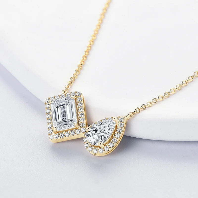 3cttw Moissanite Pendant Necklace, 2ct Emerald Cut & Pear Cut D Color Stones, S925 Sterling Silver Adjustable Chain – Melisande