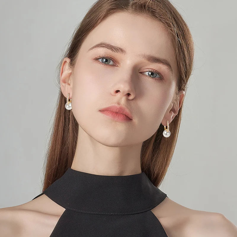 Moissanite & Pearl Hoop Earrings – 925 Sterling Silver 10mm Hoops with 1.8mm Stones Women’s Jewelry Gift | Melisande