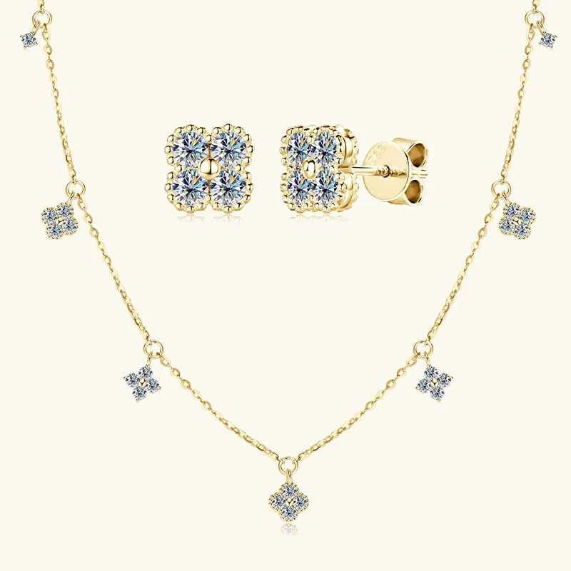 3mm D Color Moissanite Clover Jewelry Set, 925 Sterling Silver Necklace, Earrings & Bracelet (3-in-1 Set) – Melisande