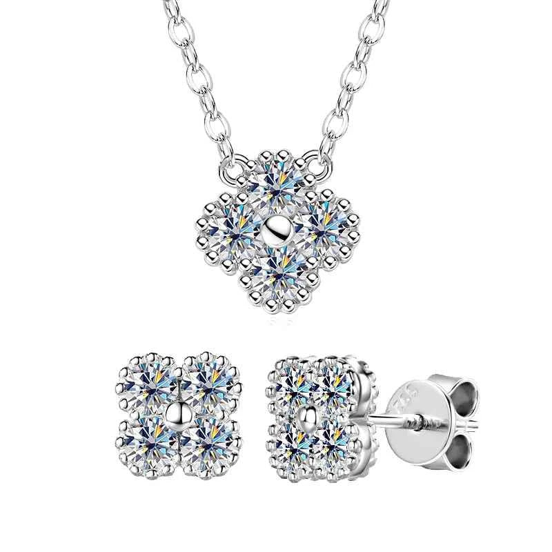 3mm D Color Moissanite Clover Jewelry Set, 925 Sterling Silver Necklace, Earrings & Bracelet (3-in-1 Set) – Melisande
