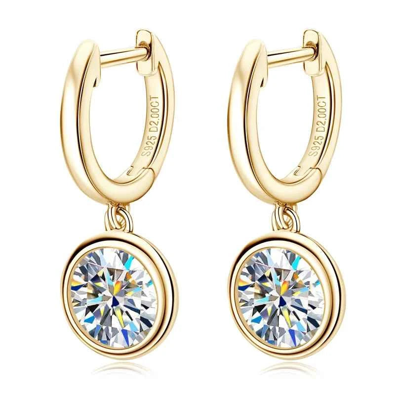Gold Hoop Drop Earrings, 1ct / 2ct Moissanite Stones, Genuine 925 Sterling Silver – Melisande