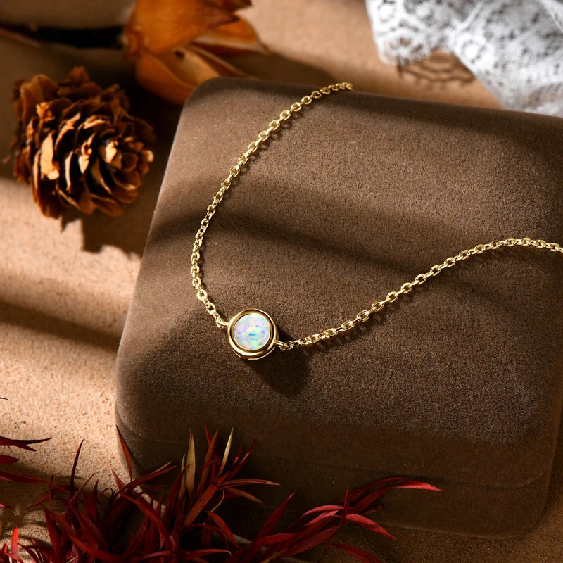 Bezel 6mm White Opal Solitaire Bracelet, Adjustable 925 Sterling Silver Chain  – Melisande