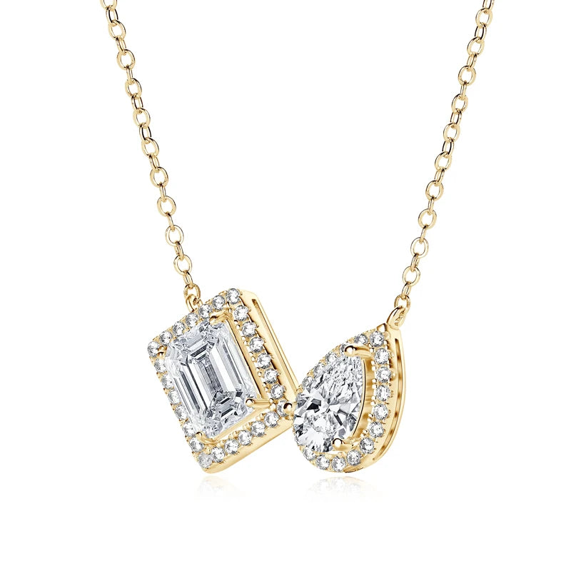 3cttw Moissanite Pendant Necklace, 2ct Emerald Cut & Pear Cut D Color Stones, S925 Sterling Silver Adjustable Chain – Melisande