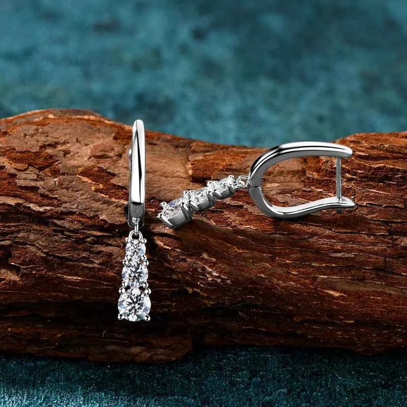 Three-Stone Trilogy Clip Earrings, 1.8cttw Moissanite Pendant Design, 925 Sterling Silver – Melisande