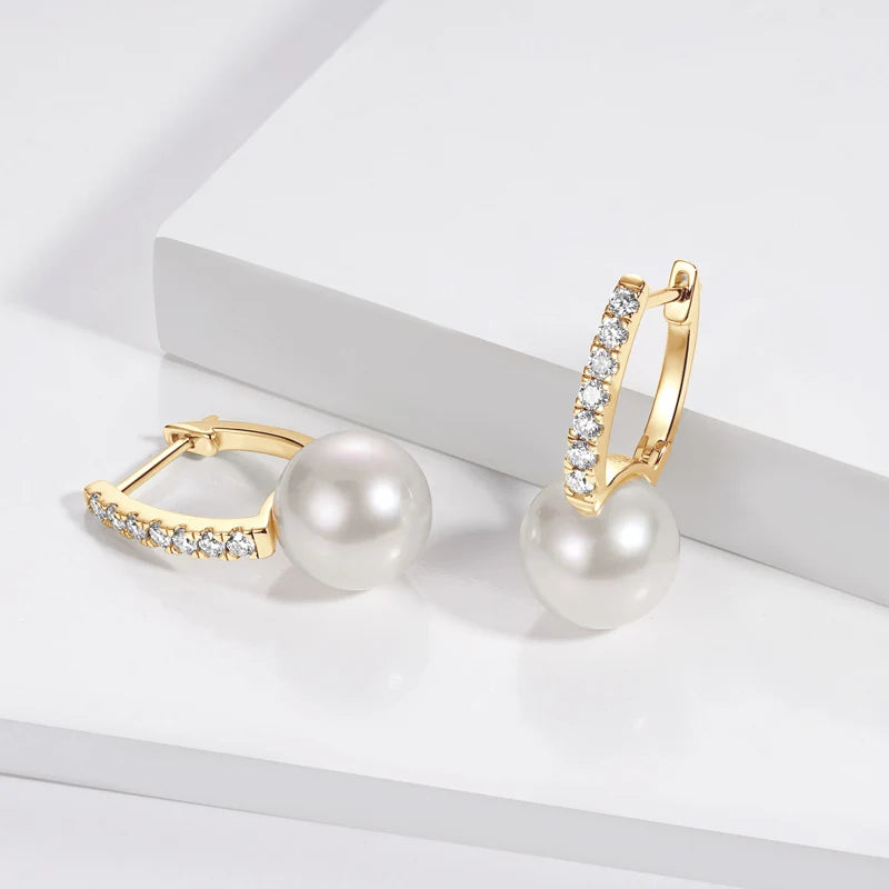 Moissanite & Pearl Hoop Earrings – 925 Sterling Silver 10mm Hoops with 1.8mm Stones Women’s Jewelry Gift | Melisande