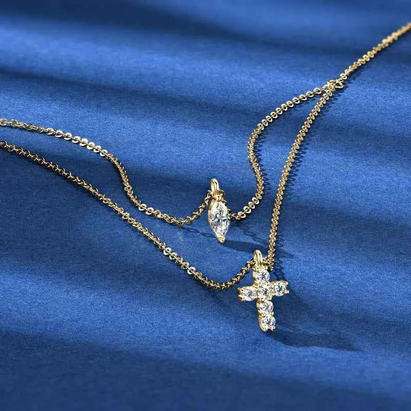 Moissanite Cross Pendant Double Layer Necklace, 925 Sterling Silver Faith & Religion Charm – Melisande