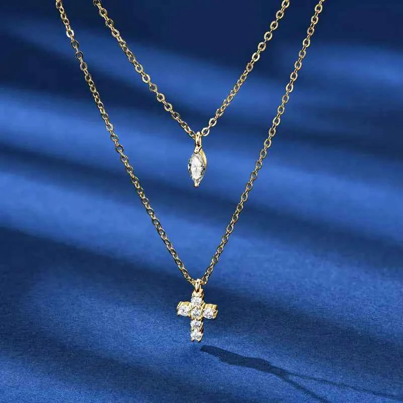 Moissanite Cross Pendant Double Layer Necklace, 925 Sterling Silver Faith & Religion Charm – Melisande