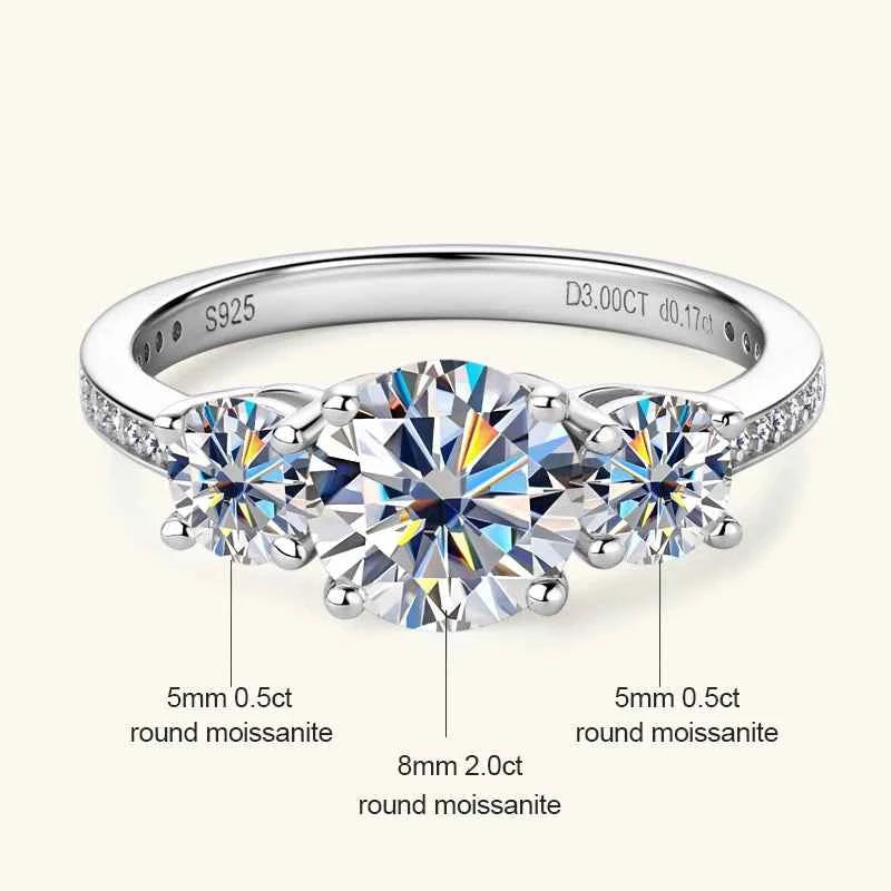 Moissanite 3-Stone Ring – 925 Sterling Silver 3.5cttw Cushion & Round D–E Color Wedding Band | Melisande