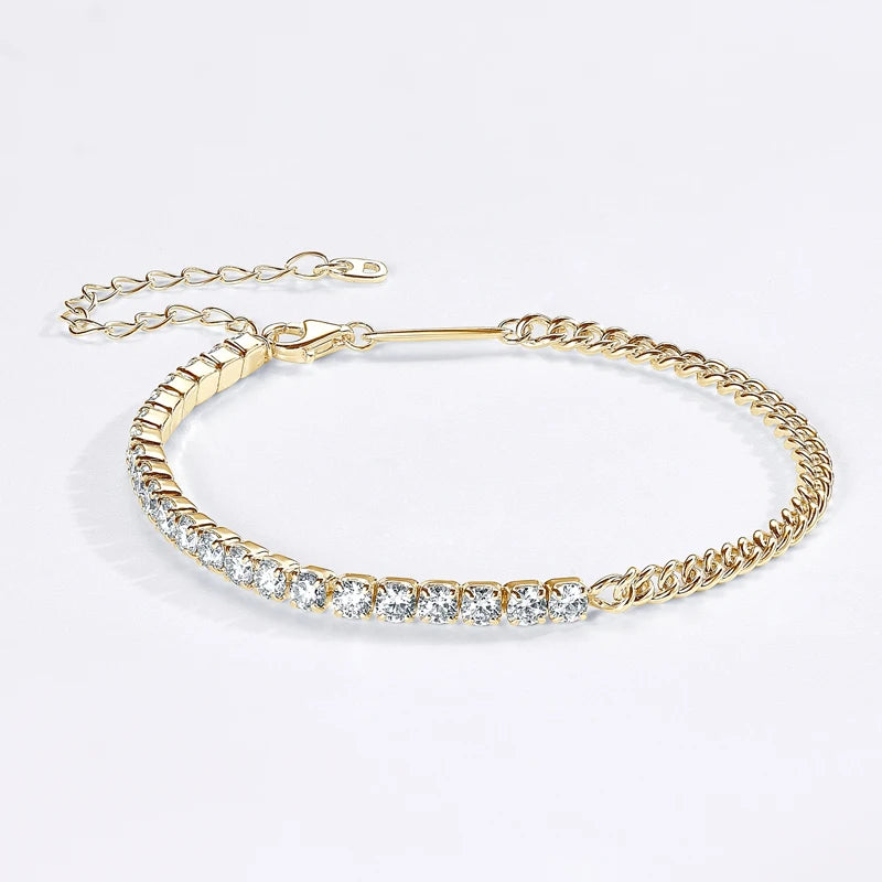 18K Gold Plated Half Tennis & Cuban Moissanite Bracelet, 2mm / 3mm D Color Stones, Real 925 Silver Chain for Women & Men – Melisande