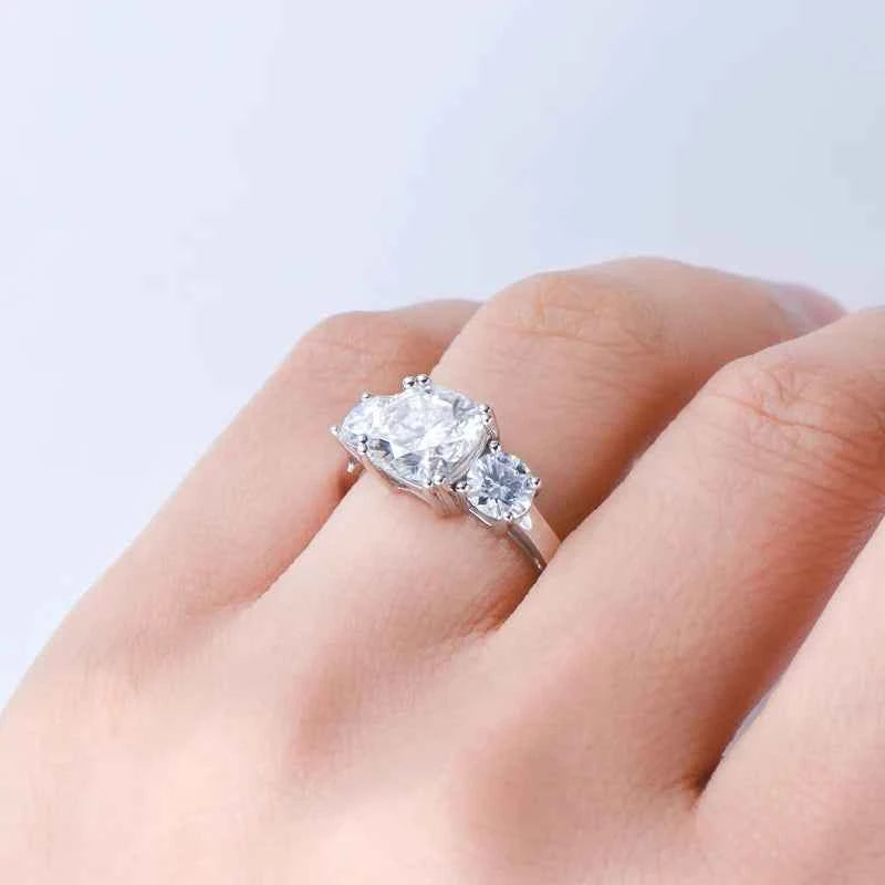 Moissanite 3-Stone Ring – 925 Sterling Silver 3.5cttw Cushion & Round D–E Color Wedding Band | Melisande