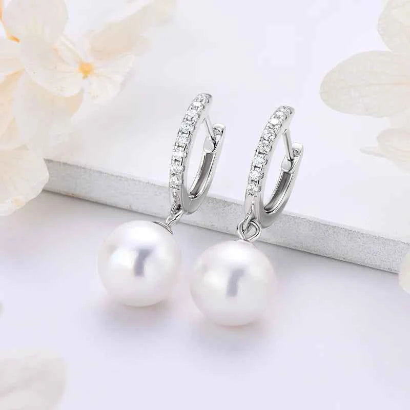Moissanite Hoop Earrings – 925 Sterling Silver with 9–10mm Freshwater Pearl Drop Wedding Jewelry | Melisande