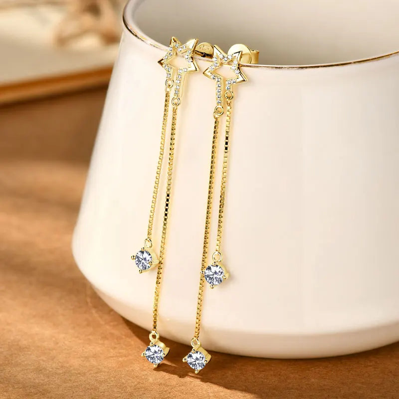 4mm D Color Moissanite Star Tassel Earrings – 925 Sterling Silver Long Chain Dangle Jewelry for Women | Melisande