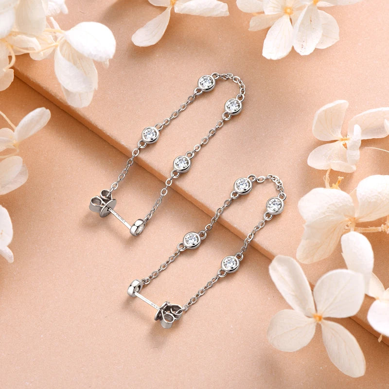 Moissanite Tassel Drop Earrings – 925 Sterling Silver Long Chain Station Piercing Wedding Jewelry | Melisande