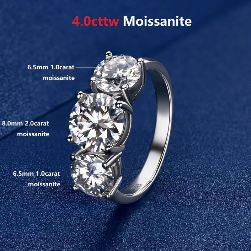 4ctw Three-Stone Moissanite Ring – 925 Sterling Silver 2ct + 1ct Wedding & Promise Band for Women | Melisande