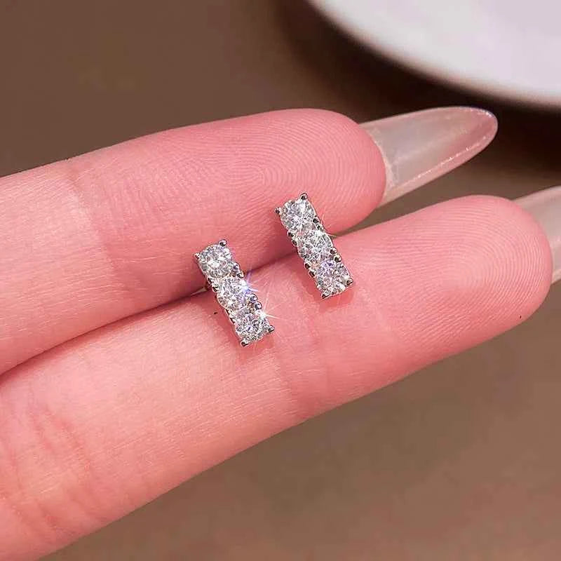 Sparkling 3mm Three-Stone Moissanite Stud Earrings, Real S925 Sterling Silver – Melisande