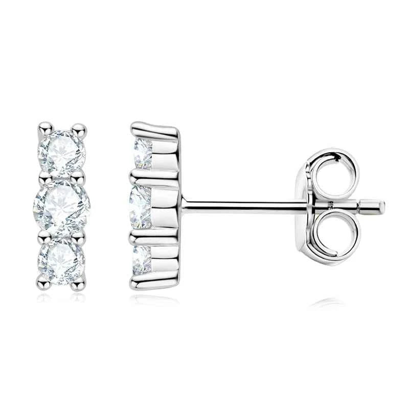 Sparkling 3mm Three-Stone Moissanite Stud Earrings, Real S925 Sterling Silver – Melisande