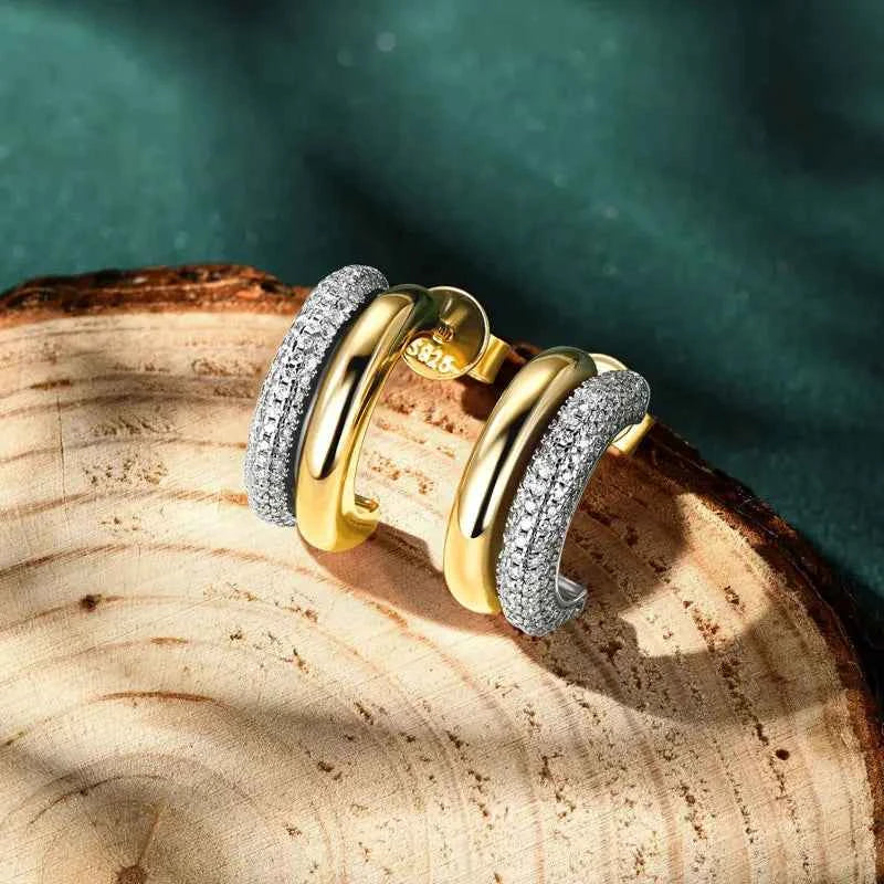 Moissanite Pave Stud Earrings – 925 Sterling Silver C-Shaped Double Open Hoops Jewelry | Melisande