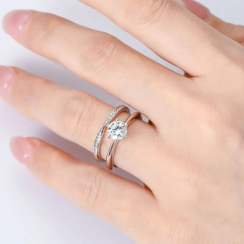 Moissanite Bridal Ring Set – 925 Sterling Silver 1.0ct D Color Solitaire & Eternity Wedding Bands | Melisande