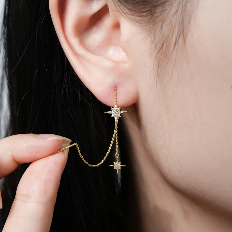 925 Sterling Silver Star Moissanite Earrings – Round Drop Ear Line Piercing Jewelry for Women | Melisande