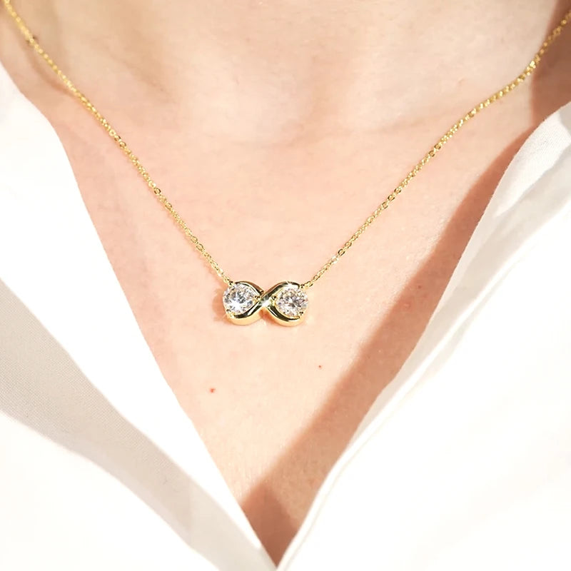 Infinity Pendant Moissanite Necklace, 6.5mm 2.0cttw (1ct Each) D Color Stones, 925 Sterling Silver Adjustable Chain – Women’s Fine Jewelry – Melisande