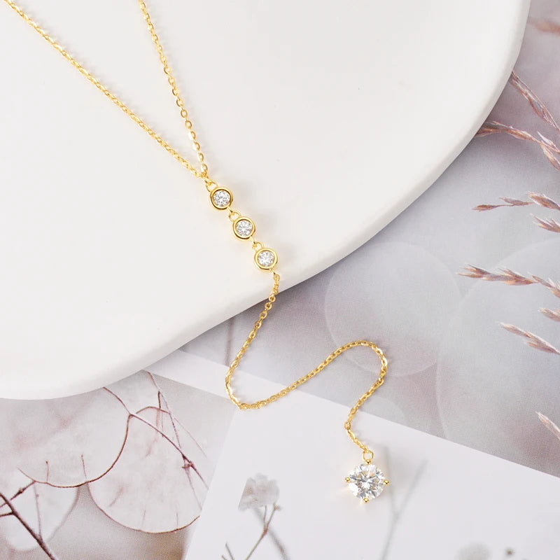 D1.30ct D Color Moissanite Y-Shaped Pendant Necklace, 6.5mm & 3mm Lab Stones, 925 Sterling Silver Long Adjustable Chain – Melisande