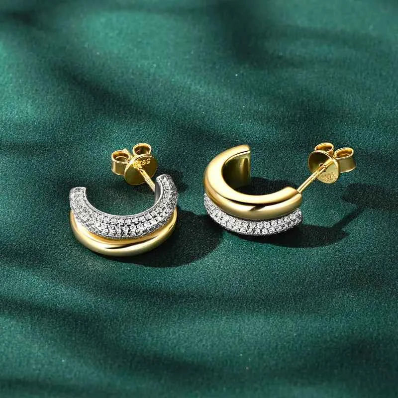 Moissanite Pave Stud Earrings – 925 Sterling Silver C-Shaped Double Open Hoops Jewelry | Melisande