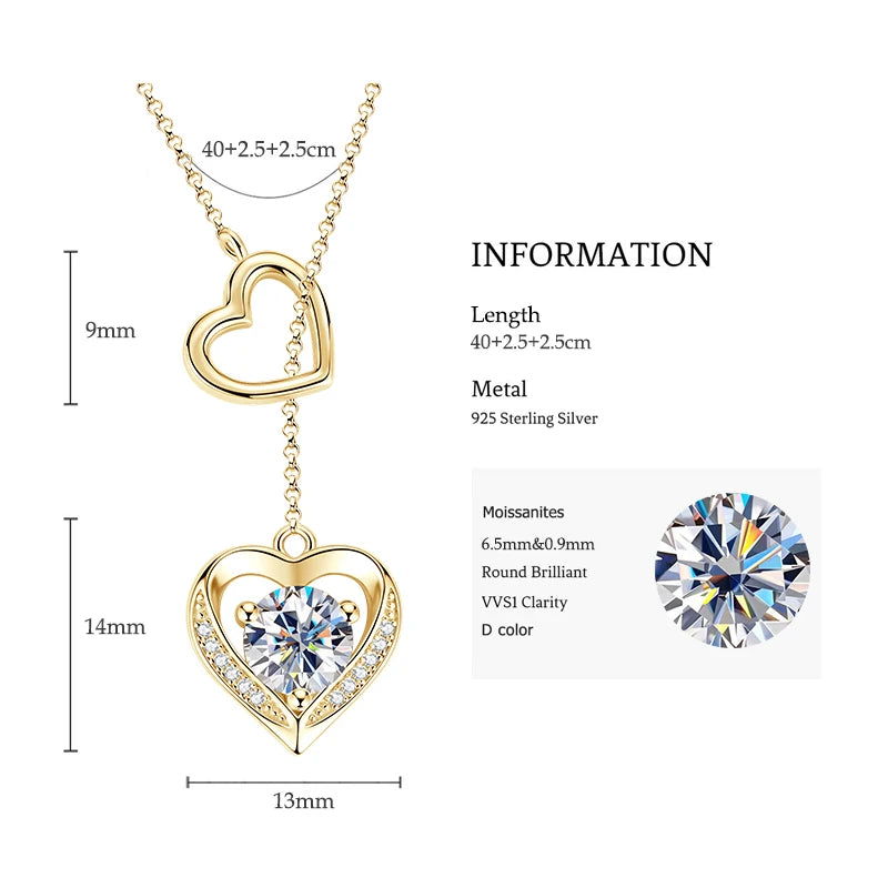 Double Love Heart Moissanite Pendant Necklace, 6.5mm 1.0ct D Color Stone, S925 Sterling Silver Adjustable Chain – Melisande