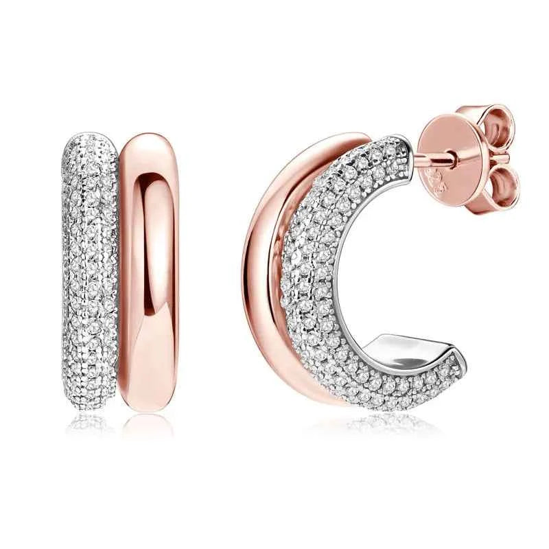 Moissanite Pave Stud Earrings – 925 Sterling Silver C-Shaped Double Open Hoops Jewelry | Melisande