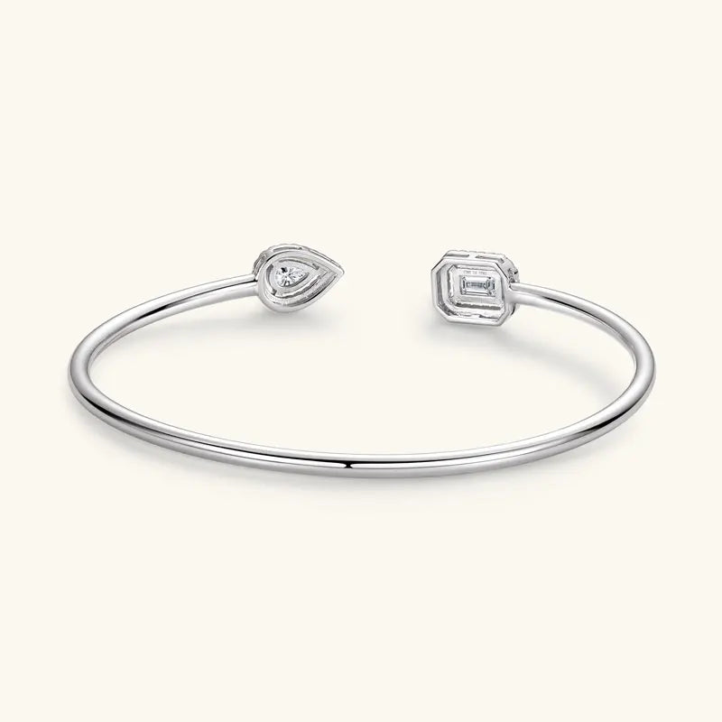 1.3cttw Pear & Emerald Cut Moissanite Bracelet – 925 Sterling Silver Twin Open Bangle Cuff for Women | Melisande
