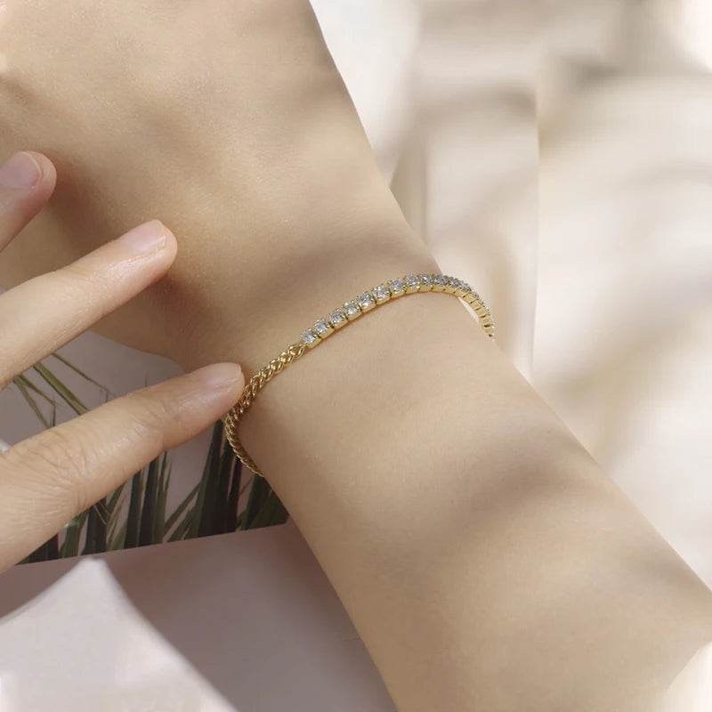 18K Gold Plated Half Tennis & Cuban Moissanite Bracelet, 2mm / 3mm D Color Stones, Real 925 Silver Chain for Women & Men – Melisande