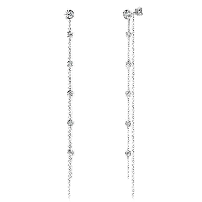 925 Sterling Silver Long Tassel Moissanite Drop Earrings, 5mm & 3mm Stones, Double Chain 10–11.5cm Design – Melisande