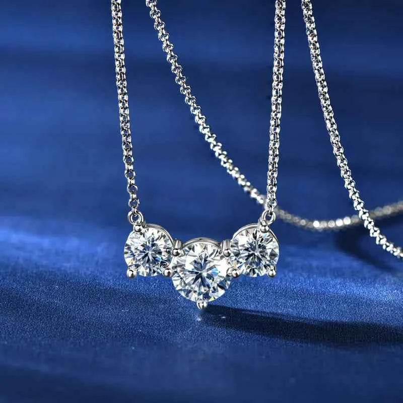 Anziw 4.0cttw 1ct 2.0ct D Moissanite Three Stone Pendant Necklace Real Silver 925 Adjustable Chain Simple Collar Gifts for Women