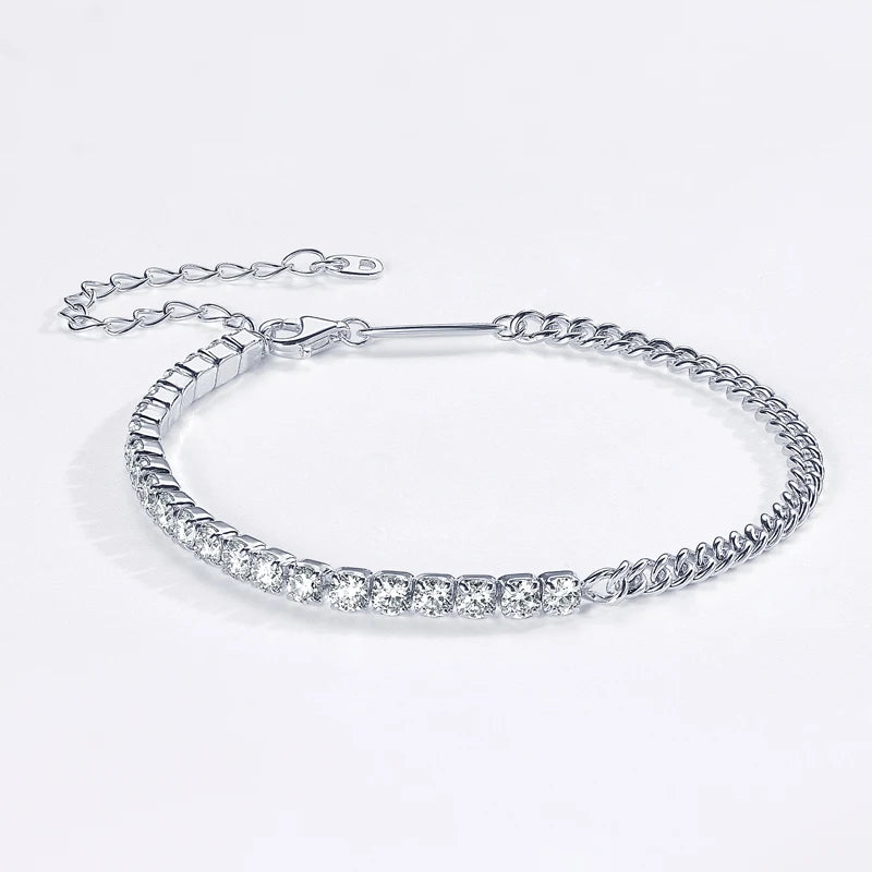 18K Gold Plated Half Tennis & Cuban Moissanite Bracelet, 2mm / 3mm D Color Stones, Real 925 Silver Chain for Women & Men – Melisande