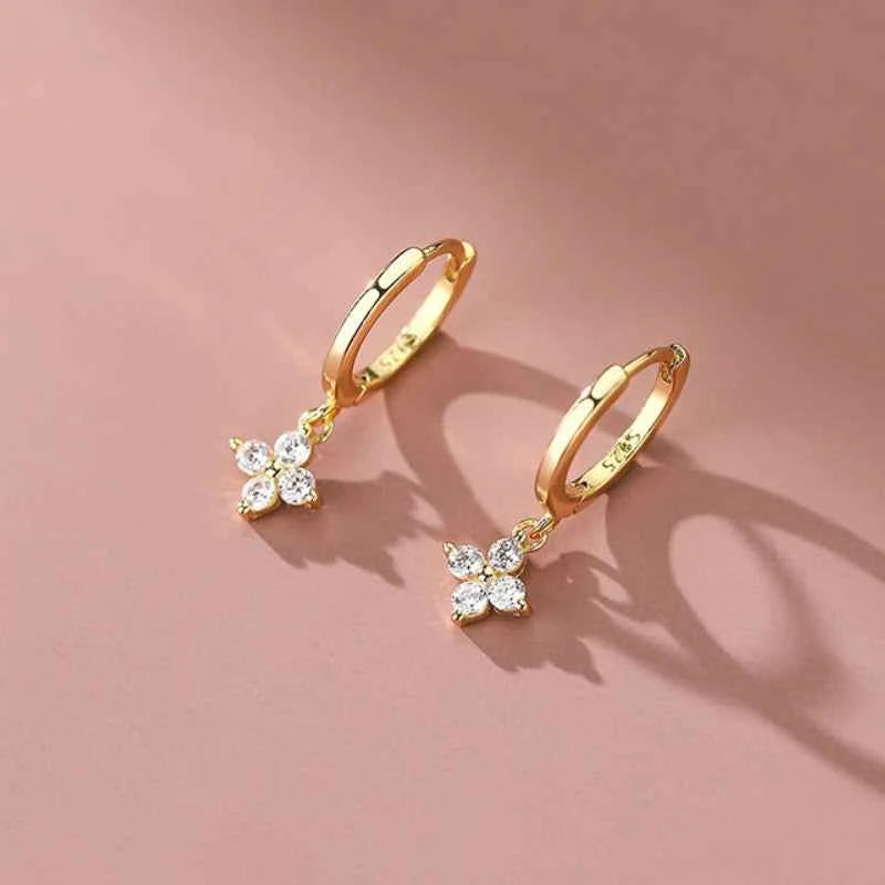 925 Sterling Silver Four-Leaf Clover Drop Hoop Earrings, 3mm D Color Moissanite Stones – Melisande