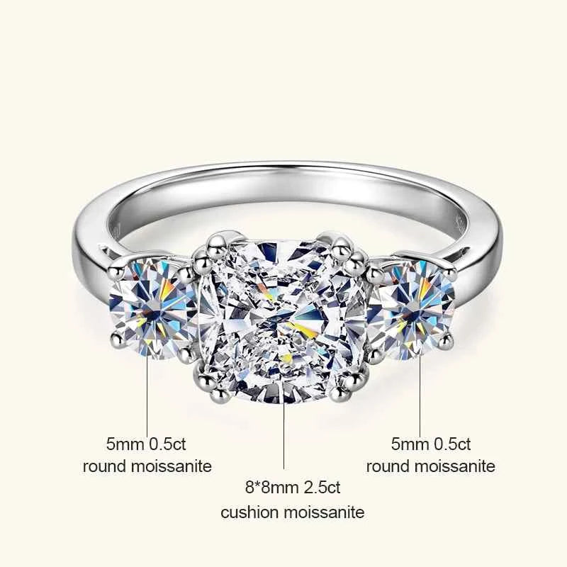 Moissanite 3-Stone Ring – 925 Sterling Silver 3.5cttw Cushion & Round D–E Color Wedding Band | Melisande
