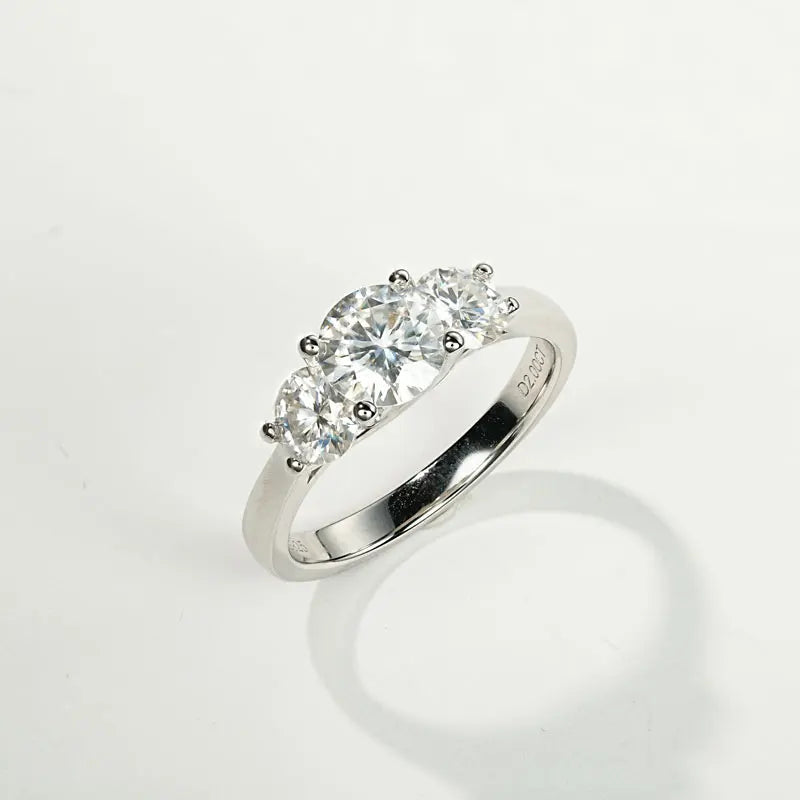 Moissanite Three-Stone Ring – 925 Sterling Silver 2.0cttw D Color 6.5mm Certified Women’s Wedding Band | Melisande
