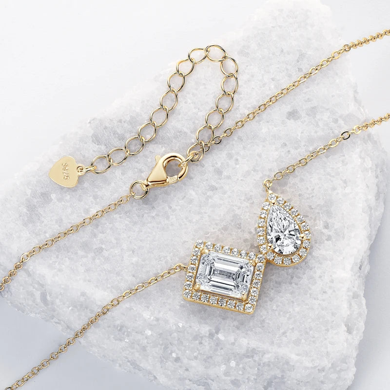 3cttw Moissanite Pendant Necklace, 2ct Emerald Cut & Pear Cut D Color Stones, S925 Sterling Silver Adjustable Chain – Melisande
