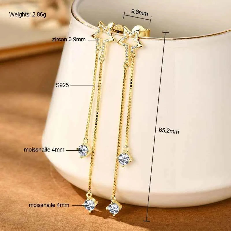 Moissanite Star Tassel Earrings – 925 Sterling Silver Certified Drop Dangle Jewelry | Melisande