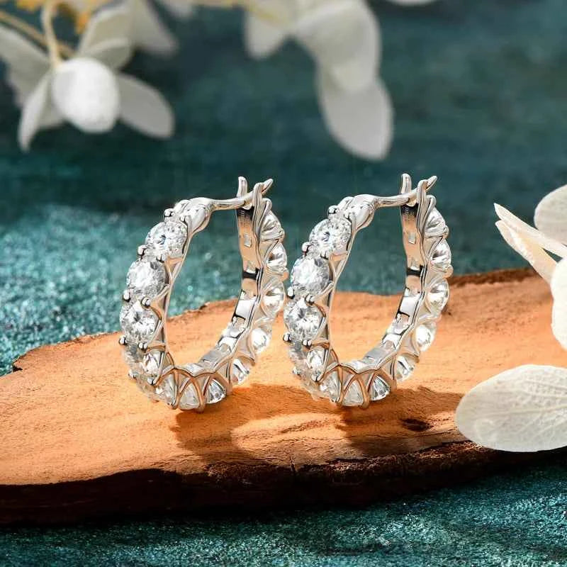 Full Moissanite Hoop Earrings, 3mm / 4mm Stones, Solid 925 Sterling Silver – Melisande